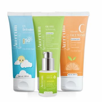 Aurrum Essence Co vitamin c facewash, oil free gel moisturizer, uv defender sunscreen and anti acne serum combo