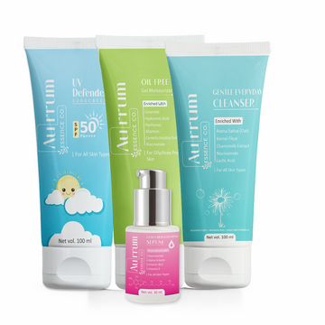 Aurrum Essence Co gentle everyday cleanser, uv defender sunscreen, oil free gel moisturizer and ultra brightening serum combo