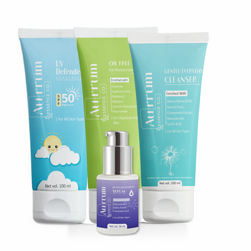 Aurrum Essence Co gentle everyday cleanser, uv defender sunscreen, oil free gel moisturizer and de pigmentation serum combo