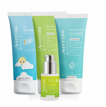 Aurrum Essence Co gentle everyday cleanser, uv defender sunscreen, oil free gel moisturizer and anti acne serum combo