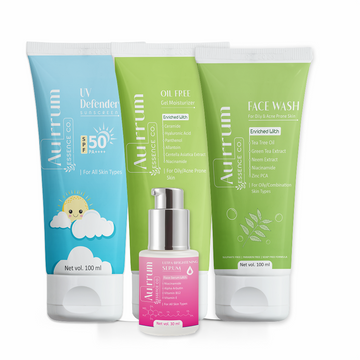 Aurrum Essence Co tea tree facewash, oil free gel moisturizer, uv defender sunscreen and ultra brightening serum combo