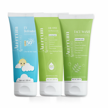 Aurrum Essence Co tea tree facewash, oil free gel moisturizer and uv defender sunscreen combo