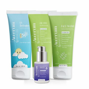 Aurrum Essence Co tea tree facewash, oil free gel moisturizer, uv defender sunscreen and de pigmentation serum combo