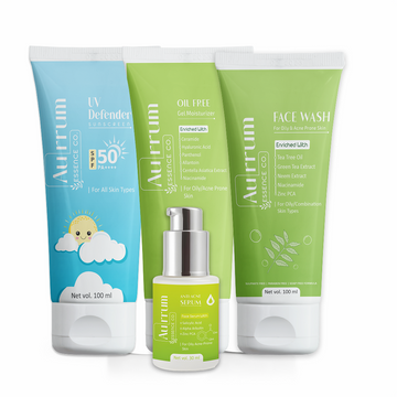 Aurrum Essence Co tea tree facewash, oil free gel moisturizer, uv defender sunscreen and anti acne serum combo