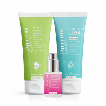 Aurrum Essence Co Gentle everyday cleanser, oil free gel moisturizer and ultra brightening serum combo