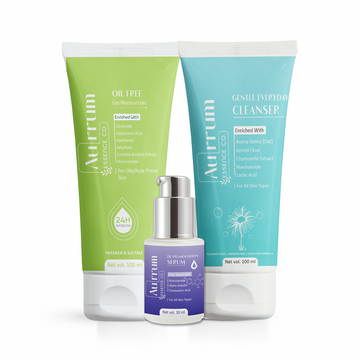 Aurrum Essence Co Gentle everyday cleanser, oil free gel moisturizer and de pigmentation serum combo