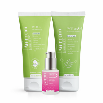 Aurrum Essence Co tea tree facewash, oil free gel moisturizer and ultra brightening serum combo
