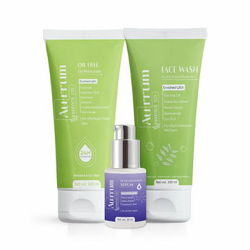 Aurrum Essence Co tea tree facewash, oil free gel moisturizer and de pigmentation serum combo