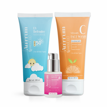 Aurrum Essence Co  Uv defender sunscreen, vitamin c facewash and ultra brightening serum combo