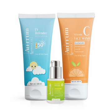 Aurrum Essence Co vitamin c facewash, Uv defender sunscreen and anti acne serum combo