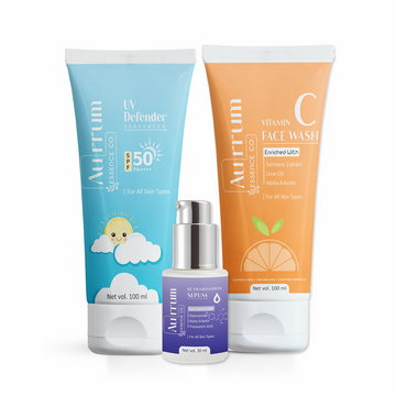 Aurrum Essence Co Uv defender sunscreen, Vitamin c facewash and De pigmentation serum combo