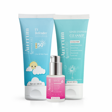 Aurrum Essence Co Uv defender sunscreen, Gentle everyday cleanser and ultra brightening serum combo