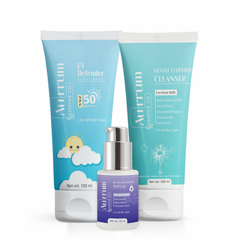 Aurrum Essence Co Uv defender, Gentle everyday cleanser and De pigmentation serum combo