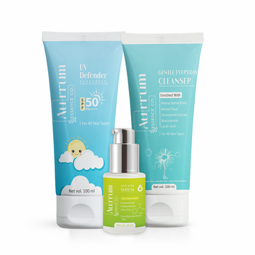 Aurrum Essence Co Uv defender sunscreen, Gentle everyday cleanser and Anti acne serum combo