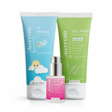 Aurrum Essence Co Uv defender sunscreen, Tea tree facewash and ultra brightening serum combo