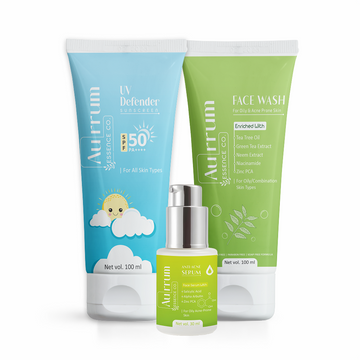 Aurrum Essence Co Uv defender, Tea tree facewash and Anti acne serum combo