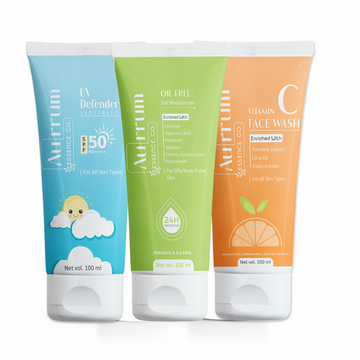 Aurrum Essence Co vitamin c facewash, oil free gel moisturizer and Uv defender sunscreen combo