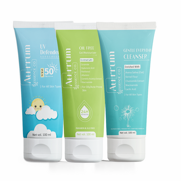 Aurrum Essence Co gentle everyday cleanser, uv defender sunscreen and oil free gel moisturizer combo