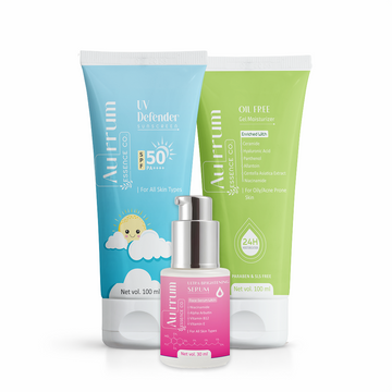 Aurrum Essence Co Uv defender sunscreen, Oil free gel moisturizer and Ultra brightening serum combo