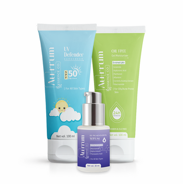 Aurrum Essence Co Uv defender sunscreen, Oil free gel moisturizer and De pigmentation serum combo