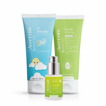 Aurrum Essence Co Uv defender sunscreen, Oil free gel moisturizer & Anti-acne Serum