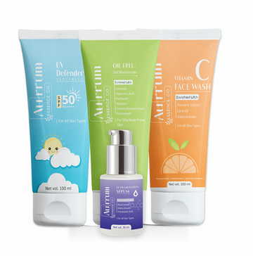 Aurrum Essence Co vitamin c facewash, oil free gel moisturizer, uv defender sunscreen and de pigmentation serum combo