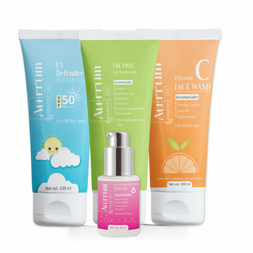 Aurrum Essence Co vitamin c facewash, oil free gel moisturizer, uv defender sunscreen and ultra brightening  serum combo